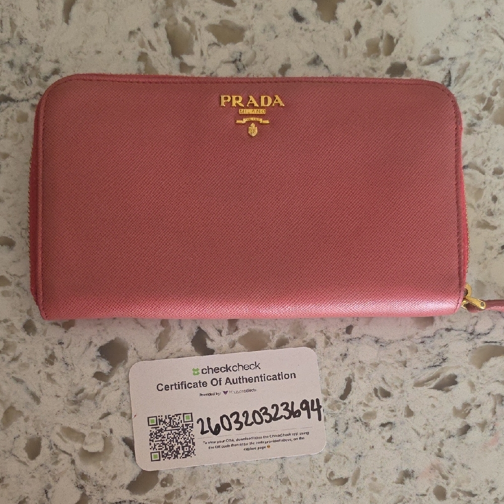 Prada Saffiano Zip-Around Wallet in Pink with COA
